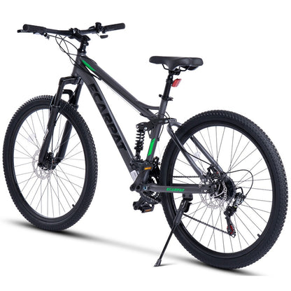 Rückansicht des Bikes mit gefedertem Hinterbau, Seitenständer und Scheibenbremse.