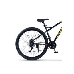 Rückansicht des Fahrrads mit Seitenständer und Reifenprofil.