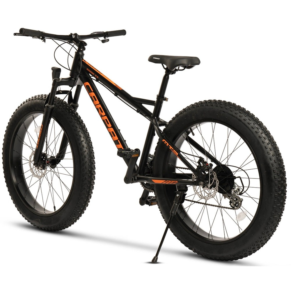 Rückansicht des Fatbikes mit Blick auf den breiten Hinterreifen und das sportliche Design.