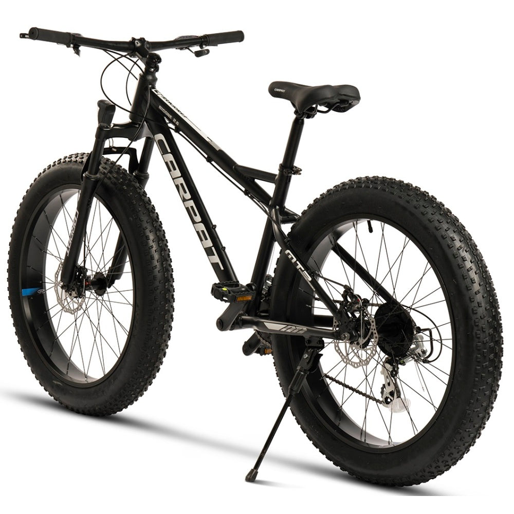 Rückansicht des Fatbikes mit Blick auf den breiten Hinterreifen und den Sattel.