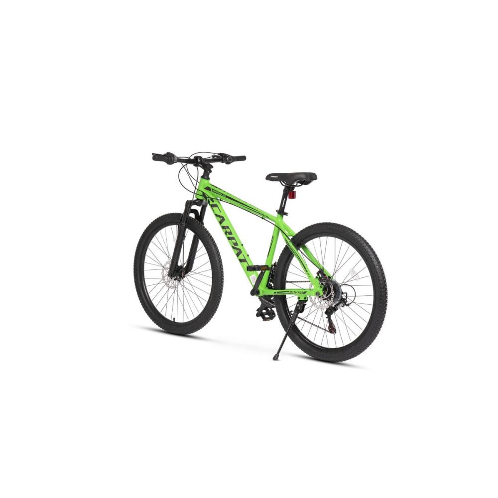 Rückansicht des grünen Bikes mit Seitenständer, Geländereifen und Schnellspann
