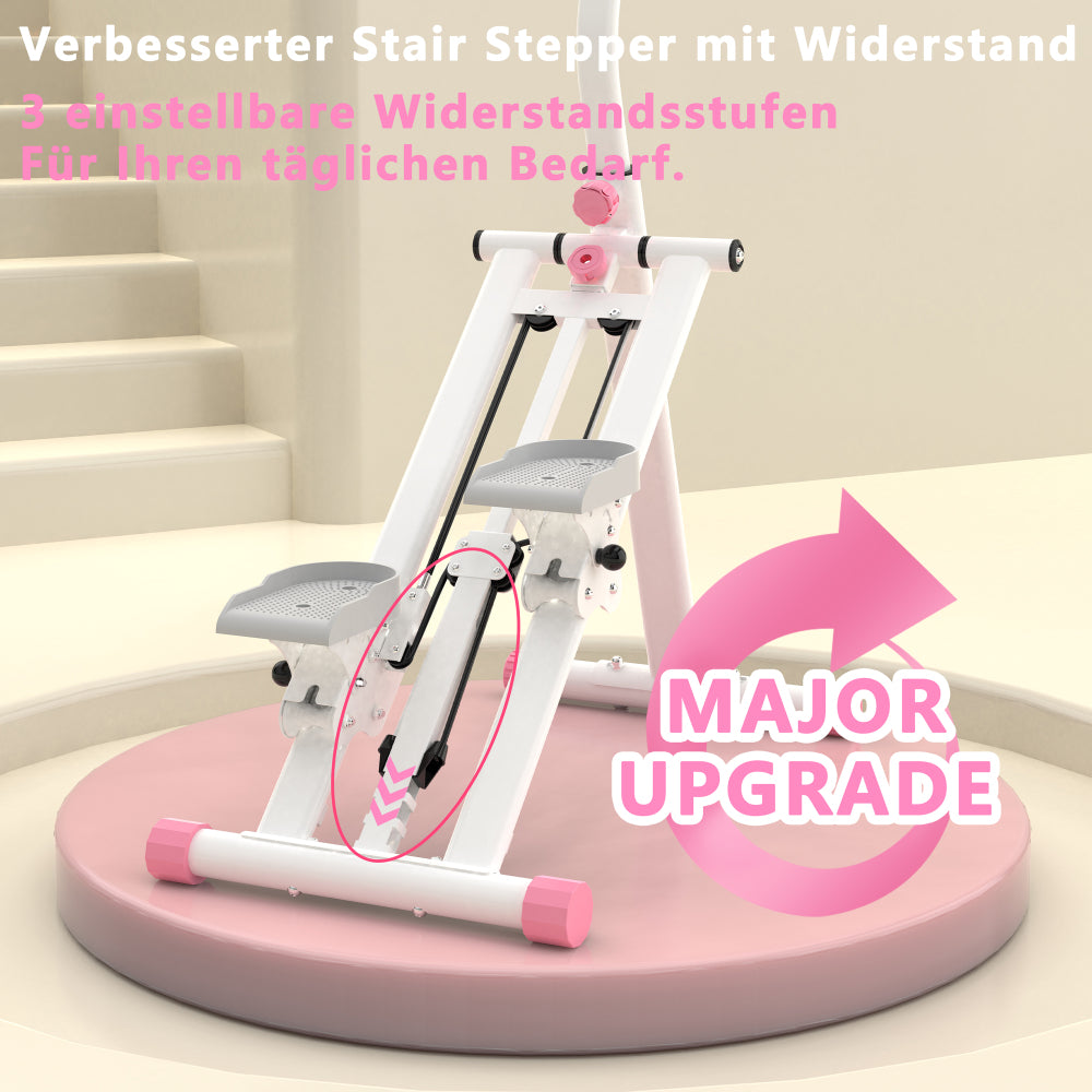 Rückansicht einer Frau auf dem weiß-rosa Stepper vor dem Fernseher.