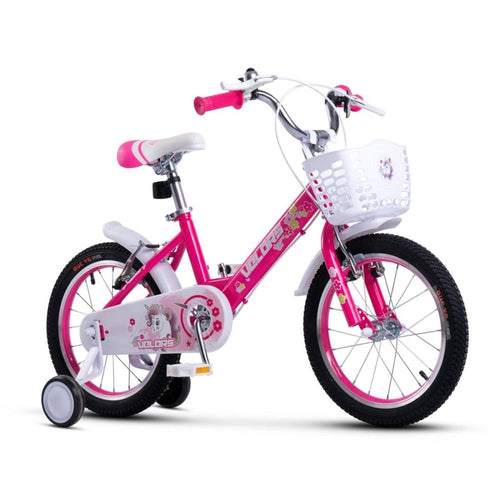 Rosa 16 Zoll Kinderfahrrad mit weißem Frontkorb und Stützrädern - Seitenansicht