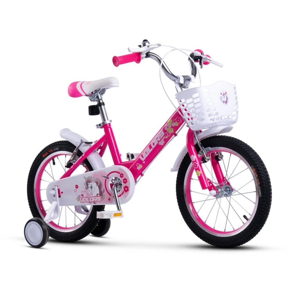 Rosa 16 Zoll Kinderfahrrad mit weißem Frontkorb und Stützrädern - Seitenansicht