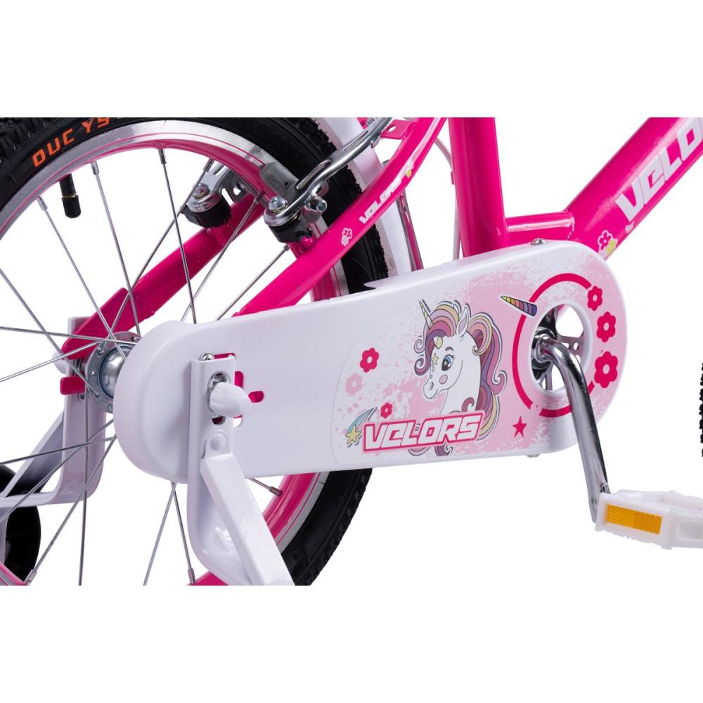 Rosa Kettenschutz mit Einhorn-Motiv und weißen Pedalen