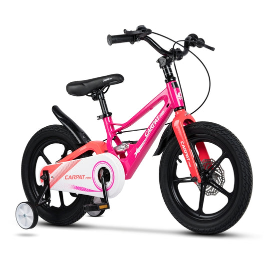 Rosa Kinderfahrrad mit leichtem Aluminiumrahmen und mechanischer Scheibenbremse.