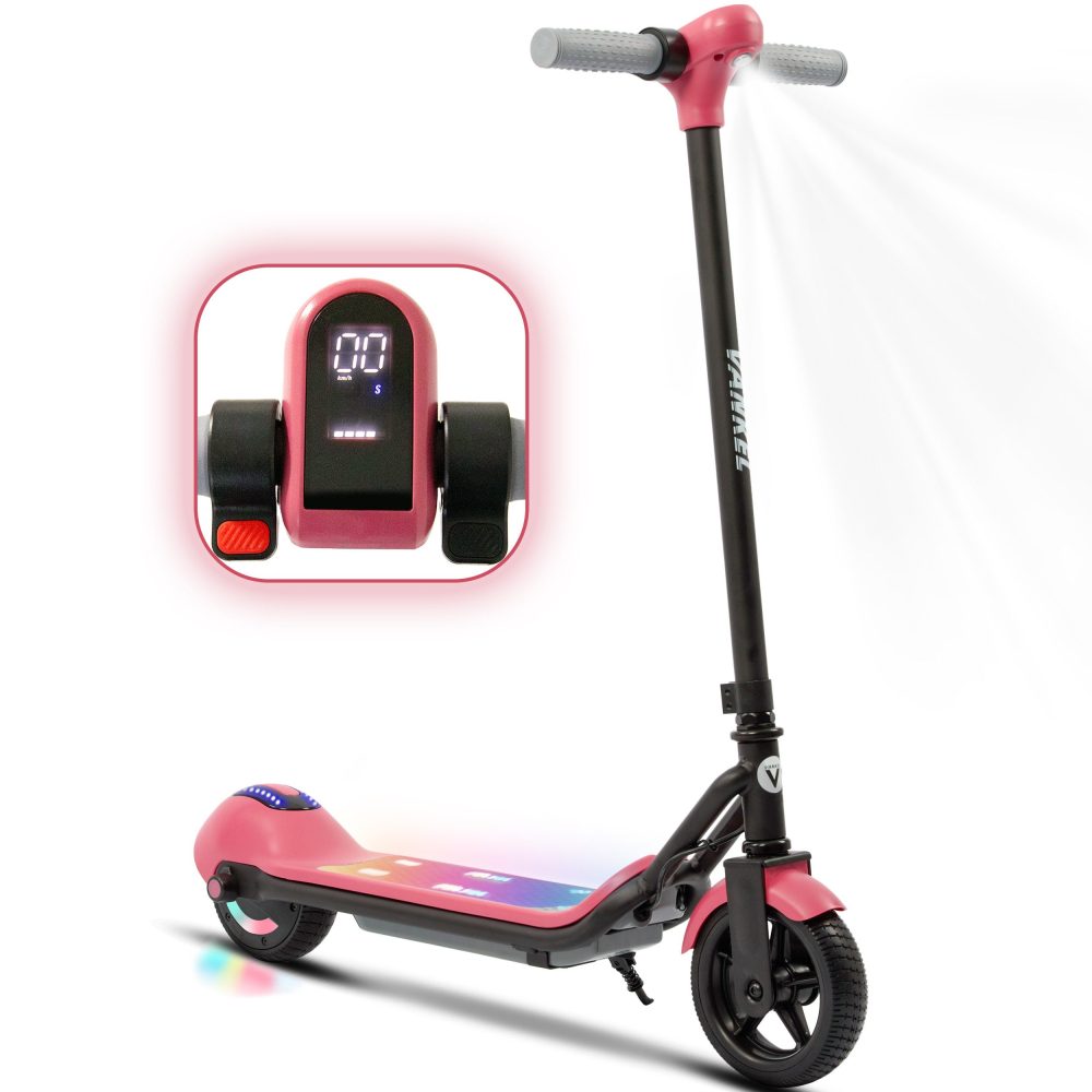 Rosa elektrischer Kinderroller mit bunter LED-Beleuchtung und Display-Vorschau.