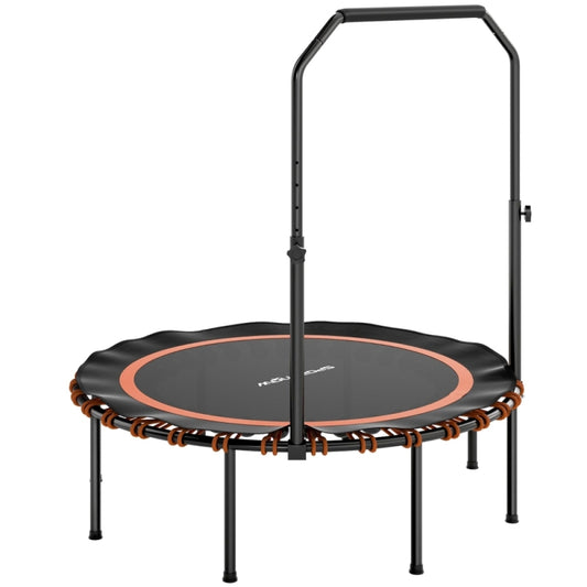 Rundes Fitness-Trampolin (Ø 114 cm) in Schwarz mit orangen Bungee-Halterungen und hohem U-Haltegriff.