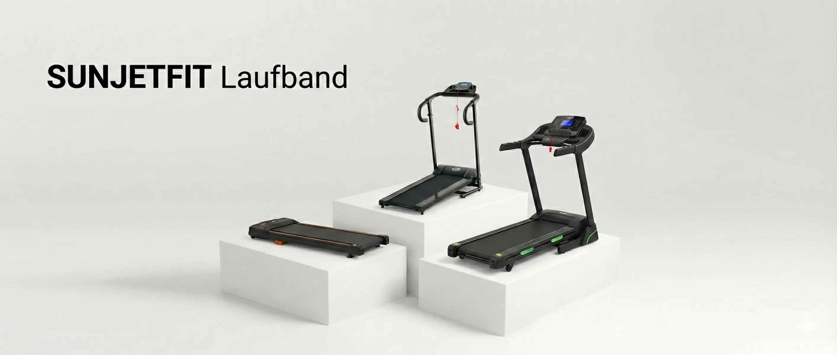 SUNJETFIT Laufband Banner Walking Pad, klappbares Laufband und Profi-Laufband auf weißen Podesten vor hellem Hintergrund