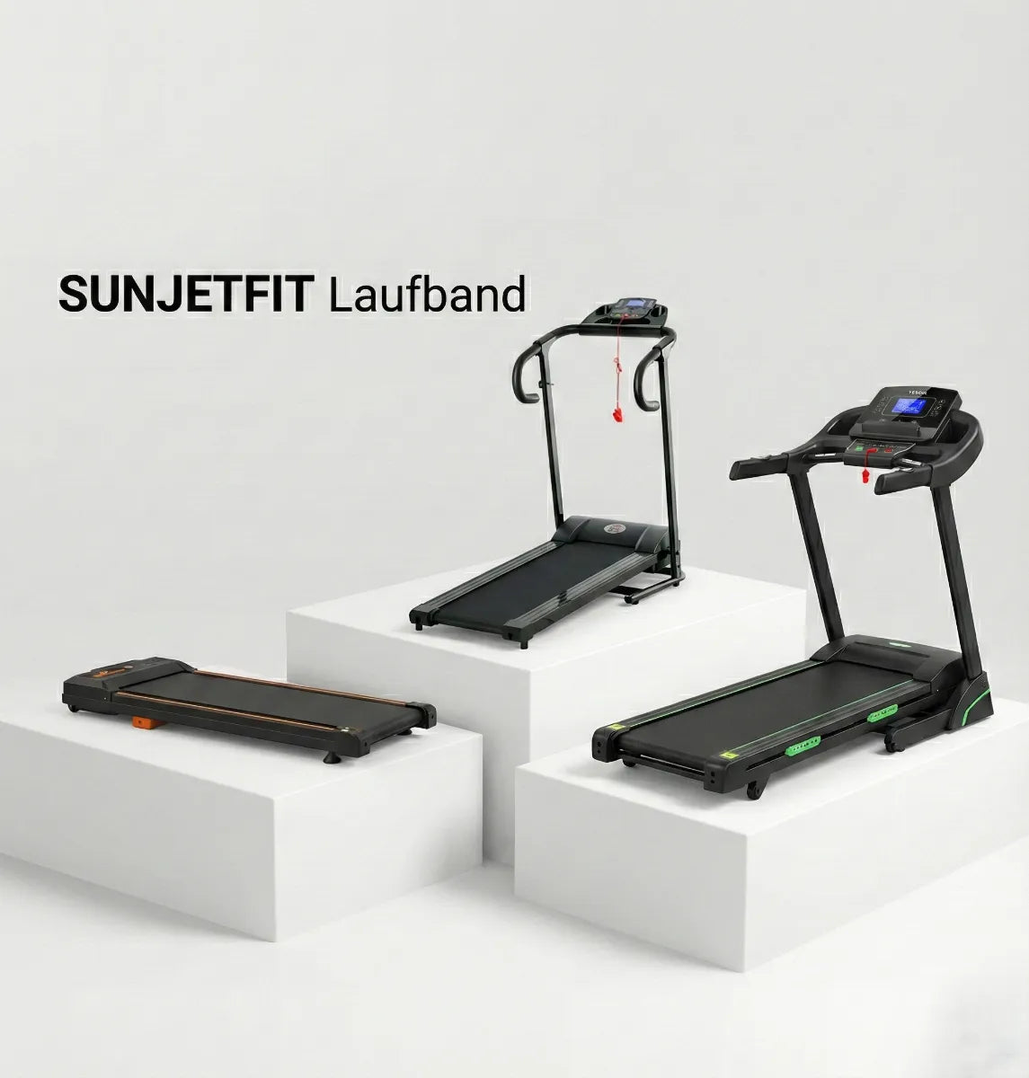 SUNJETFIT Laufband Banner Walking Pad, klappbares Laufband und Profi-Laufband auf weißen Podesten vor hellem Hintergrund