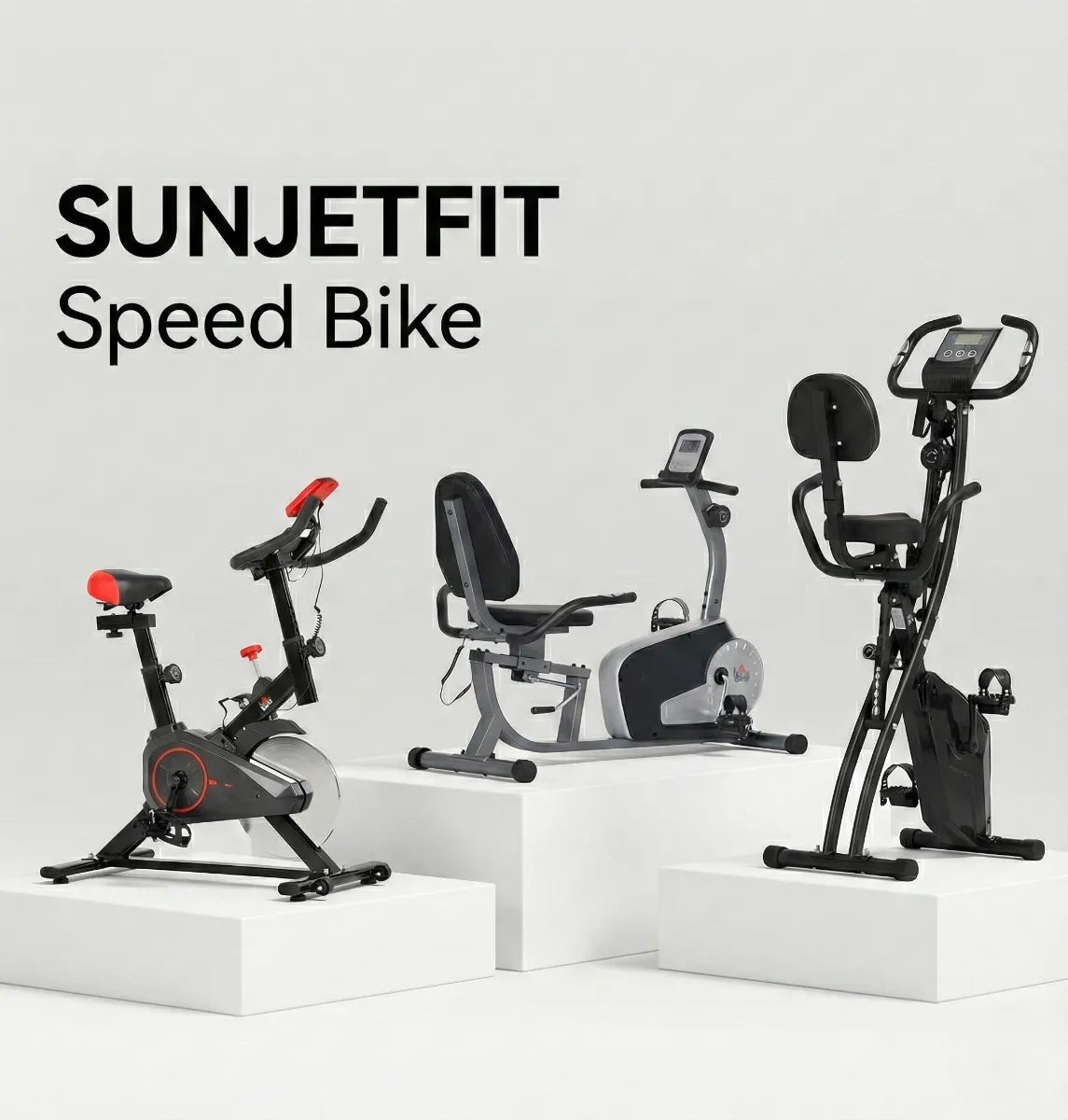 SUNJETFIT Speed Bike Banner Produktübersicht mit Speedbike, Liegeergometer und klappbarem Heimtrainer auf weißen Podesten.