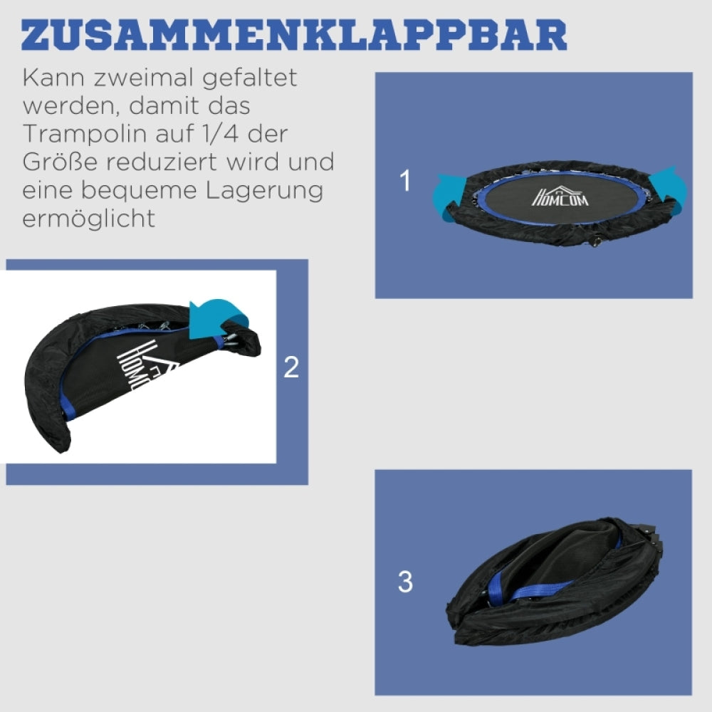 Schritt-für-Schritt Grafik: 1. Beine klappen, 2. Rahmen falten, 3. In Tasche verstauen (Tasche optional).