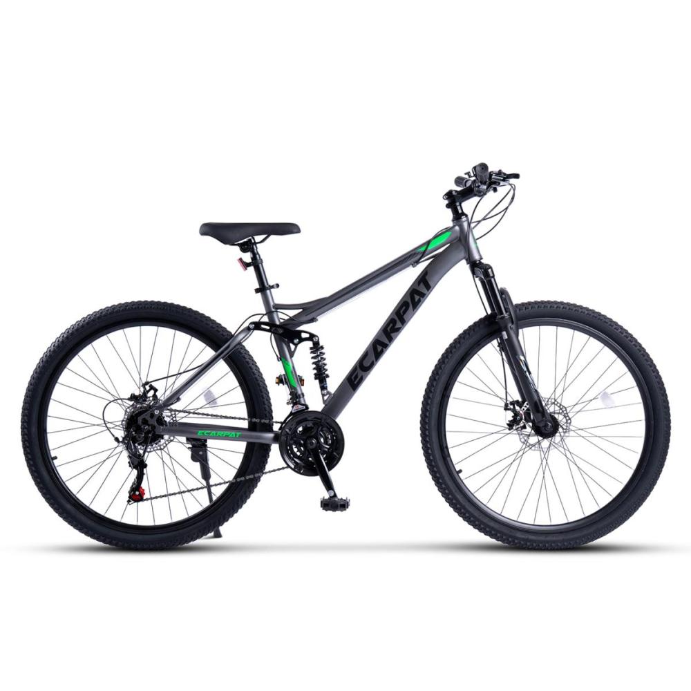 Schwarz-Grünes Fully MTB aus 26 Zoll mit Stahlrahmen und sportlichem Design in Vorderansicht