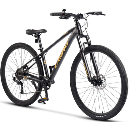 Schwarz-goldenes 29 Zoll MTB Hardtail mit 80mm Federgabel, hydraulischen Scheibenbremsen und 1x9 Shimano Altus Schaltung in Schrägfrontansicht