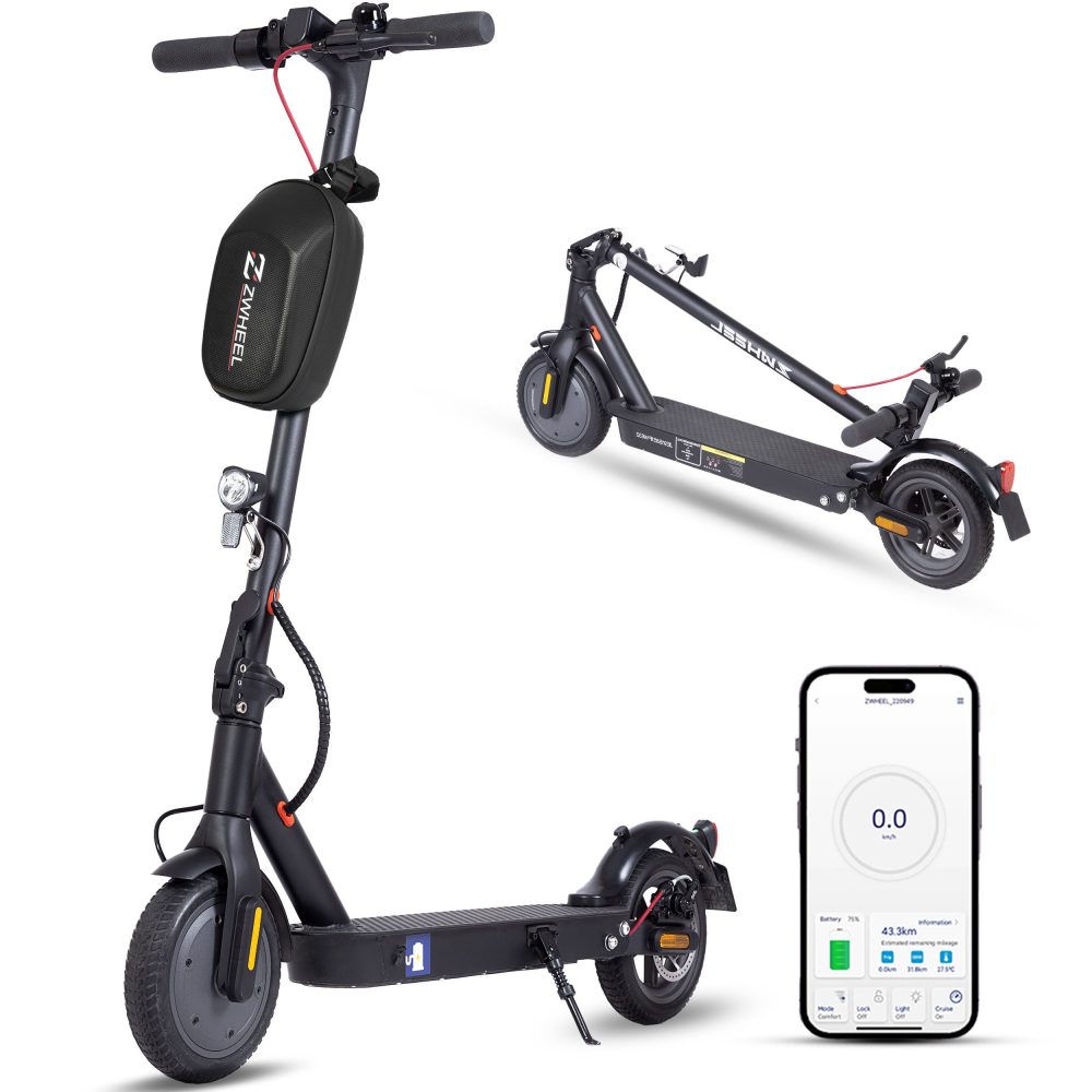 Schwarzer E-Scooter mit Lenkertasche, App-Ansicht auf Smartphone und zusammengeklappte Darstellung.