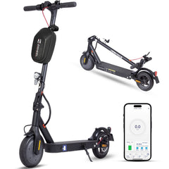 Schwarzer E-Scooter mit Lenkertasche, App-Ansicht auf Smartphone und zusammengeklappte Darstellung.