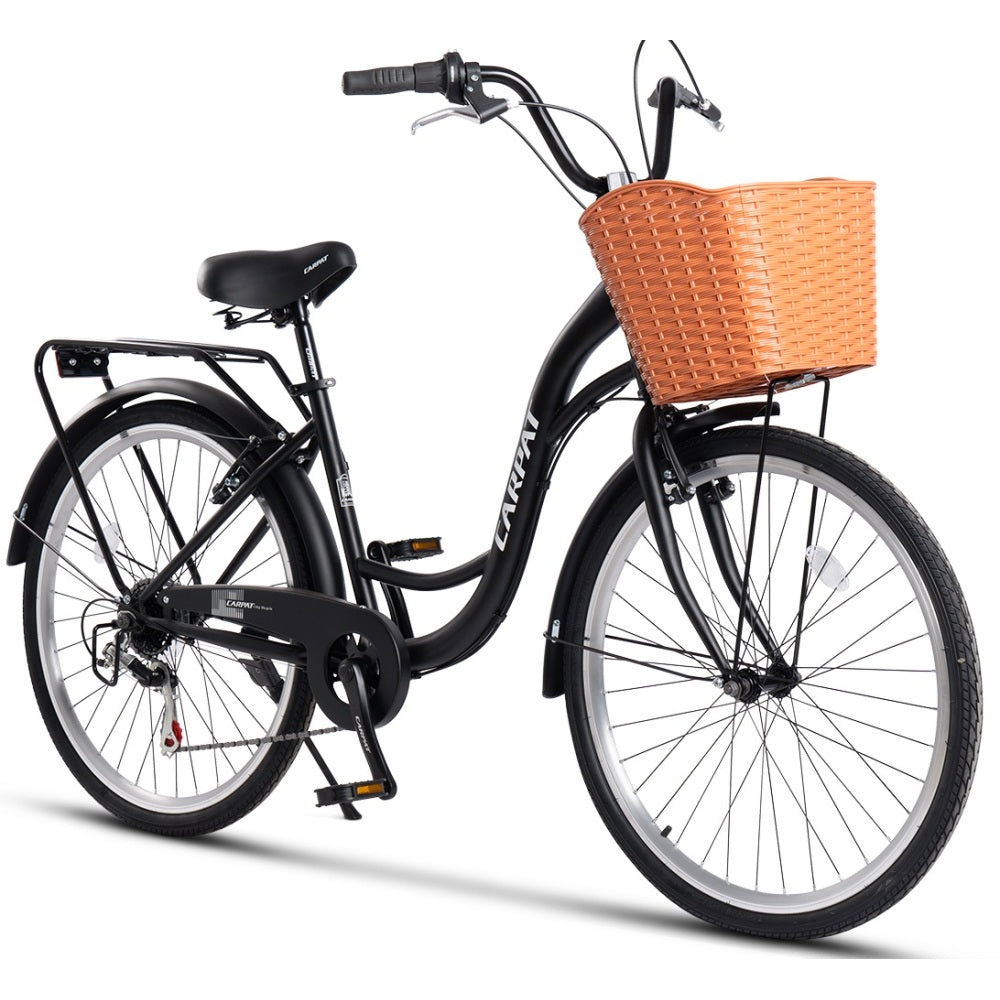 Schwarzes 26 Zoll City Bike mit braunem Korb und Gepäckträger in der Seitenansicht.