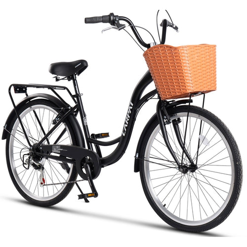 Schwarzes 26 Zoll City Bike mit braunem Korb und Gepäckträger in der Seitenansicht.