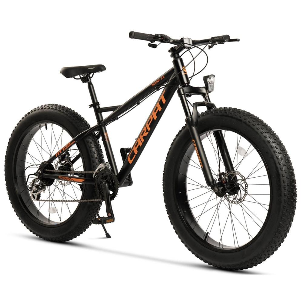 Schwarzes 26 Zoll Fatbike mit orangen Akzenten, 4.0 Zoll Breitreifen und Aluminiumrahmen