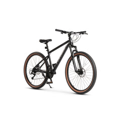 Schwarzes 27,5 Zoll Mountainbike mit grauen Akzenten und 100mm Federgabel