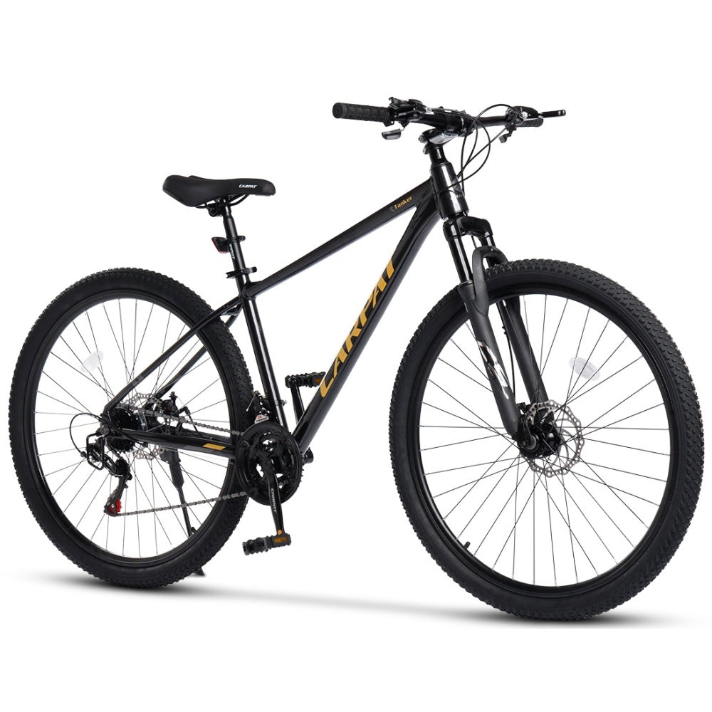 Schwarzes 29 Zoll Mountainbike Hardtail mit 100mm Federgabel, Scheibenbremsen und 21-Gang Tourney Schaltung in Schrägfrontansicht