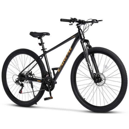 Schwarzes 29 Zoll Mountainbike Hardtail mit 100mm Federgabel, Scheibenbremsen und 21-Gang Tourney Schaltung in Schrägfrontansicht