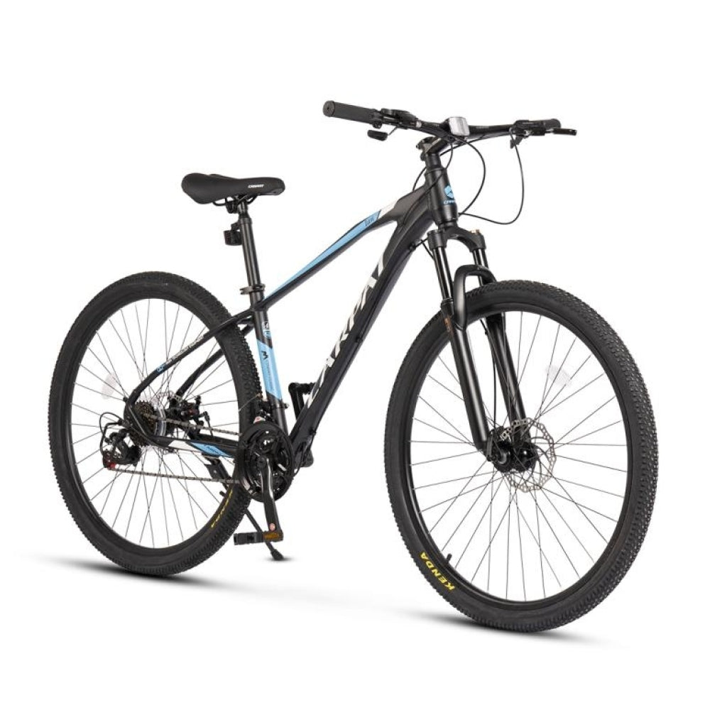 Schwarzes 29 Zoll Mountainbike mit blauen Akzenten und Aluminiumrahmen