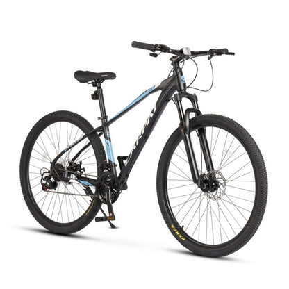 Schwarzes 29 Zoll Mountainbike mit blauen Akzenten und Aluminiumrahmen