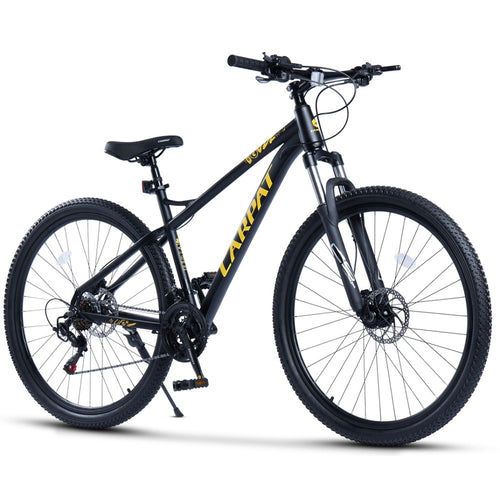 Schwarzes 29 Zoll Mountainbike mit gelben Akzenten, Aluminiumrahmen und hydraulischen Bremsen