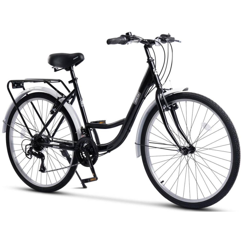 Schwarzes City Bike 26 Zoll mit tiefem Einstieg, Gepäckträger und Schutzblechen.