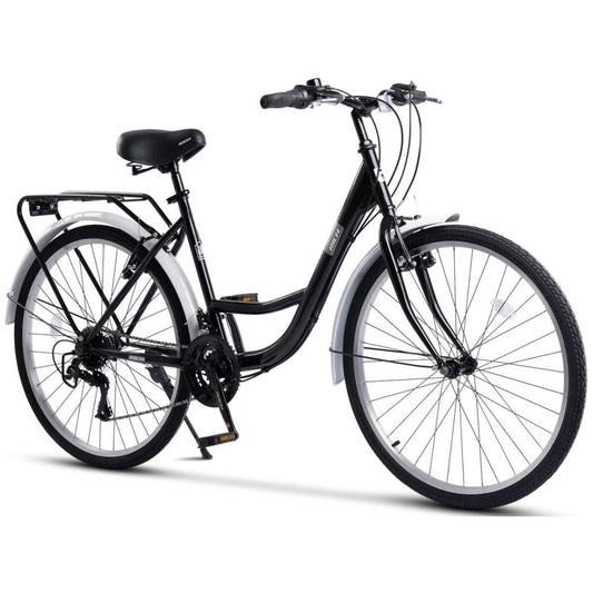 Schwarzes City Bike 26 Zoll mit tiefem Einstieg, Gepäckträger und Schutzblechen.