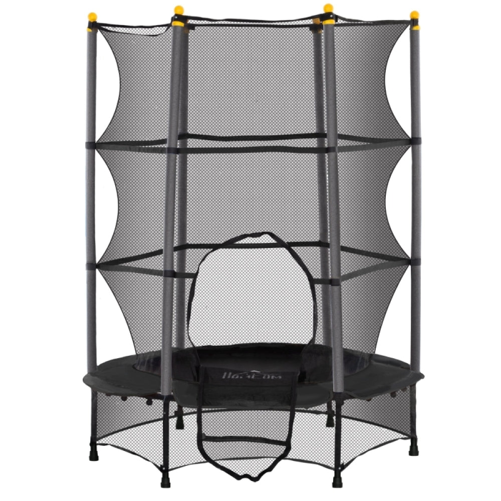 Schwarzes Kindertrampolin (Ø 140 cm) mit Sicherheitsnetz und gelben Pfostenkappen, freigestellt auf weißem Hintergrund.