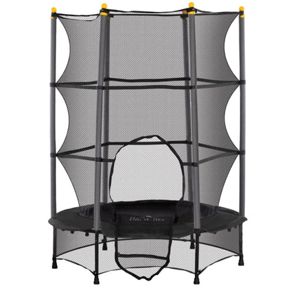 Schwarzes Kindertrampolin (Ø 140 cm) mit Sicherheitsnetz und gelben Pfostenkappen, freigestellt auf weißem Hintergrund.