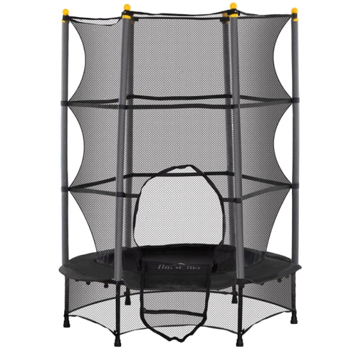 Schwarzes Kindertrampolin (Ø 140 cm) mit Sicherheitsnetz und gelben Pfostenkappen, freigestellt auf weißem Hintergrund.