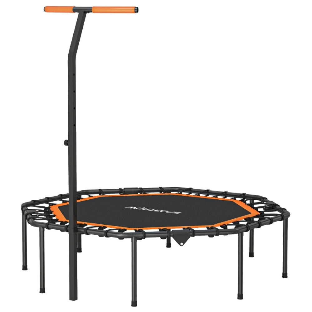 Sechseckiges Fitness-Trampolin (Schwarz/Orange) mit T-Haltegriff auf weißem Hintergrund.