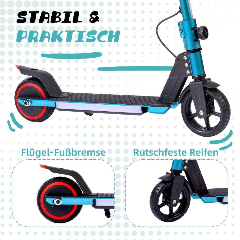 Seitenansicht des Rollers mit ausgeklapptem Ständer und mechanischer Hinterradbremse.