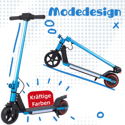 Seitenansicht des blauen E-Scooters, hervorgehoben als modisches Design.