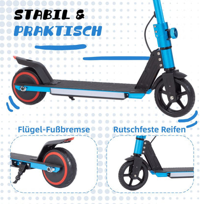 Seitenansicht des blauen Rollers mit ausgeklapptem Ständer und mechanischer Hinterradbremse.