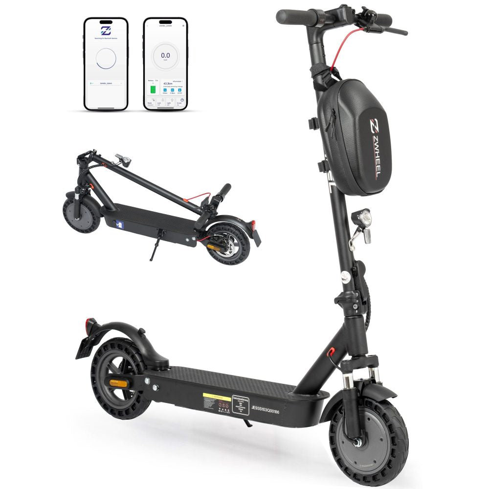 Seitenansicht des schwarzen E-Scooters mit Lenkertasche und App.