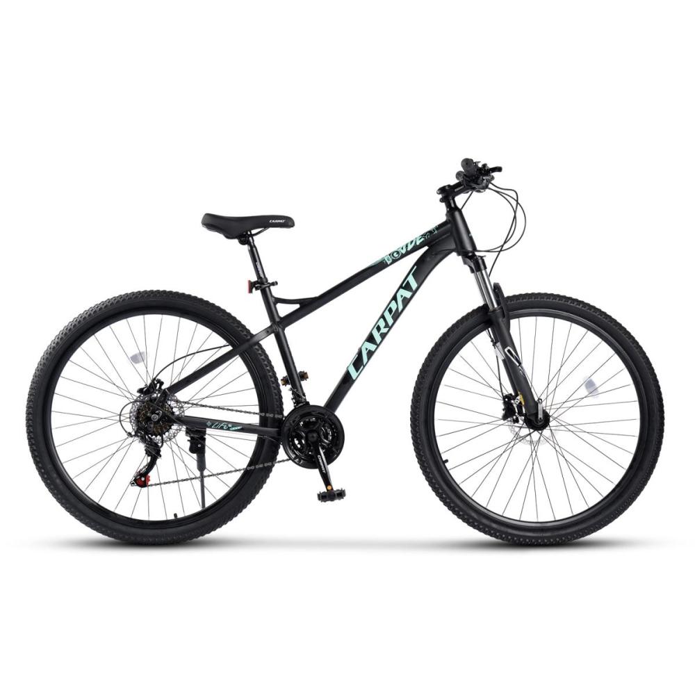 Seitenansicht des schwarzen MTBs mit türkisen Akzenten, Aluminiumrahmen und 29 Zoll All-Terrain-Reifen.