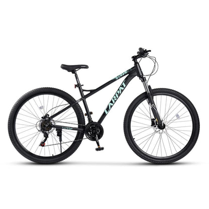 Seitenansicht des schwarzen MTBs mit türkisen Akzenten, Aluminiumrahmen und 29 Zoll All-Terrain-Reifen.