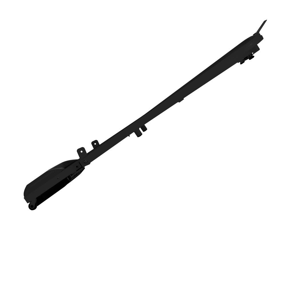 Seitenprofil des vollständig flach zusammengeklappten schwarzen Gestells.