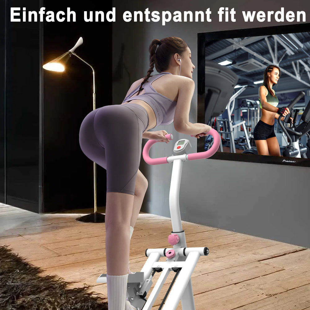 Seitliche Ansicht des Trainings auf dem weißen Stepper im Wohnzimmer.