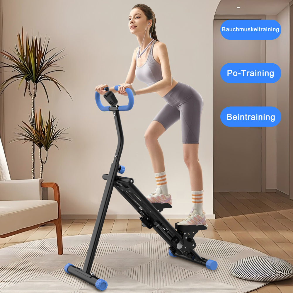 Seitliche Ansicht einer Frau beim Workout auf dem Stepper zu Hause.
