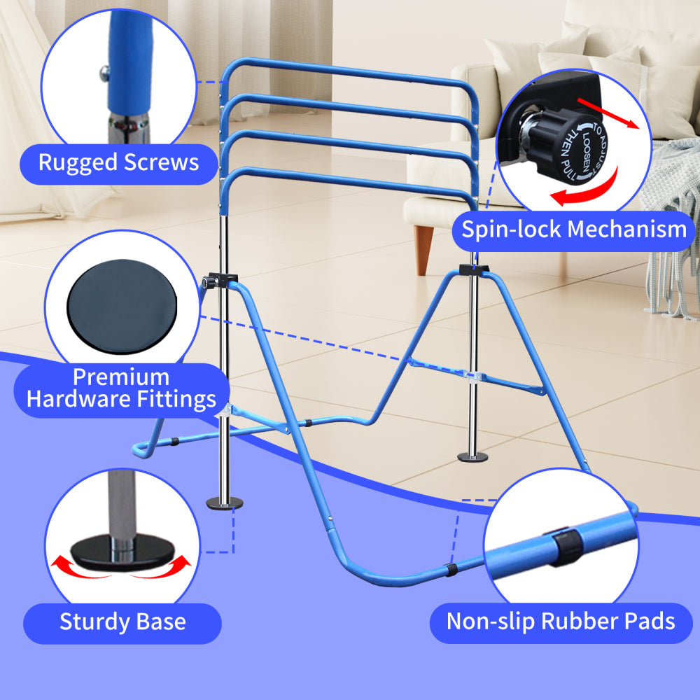 Sicherheits-Features: Rutschfeste Füße der blauen Turnstange im Detail.