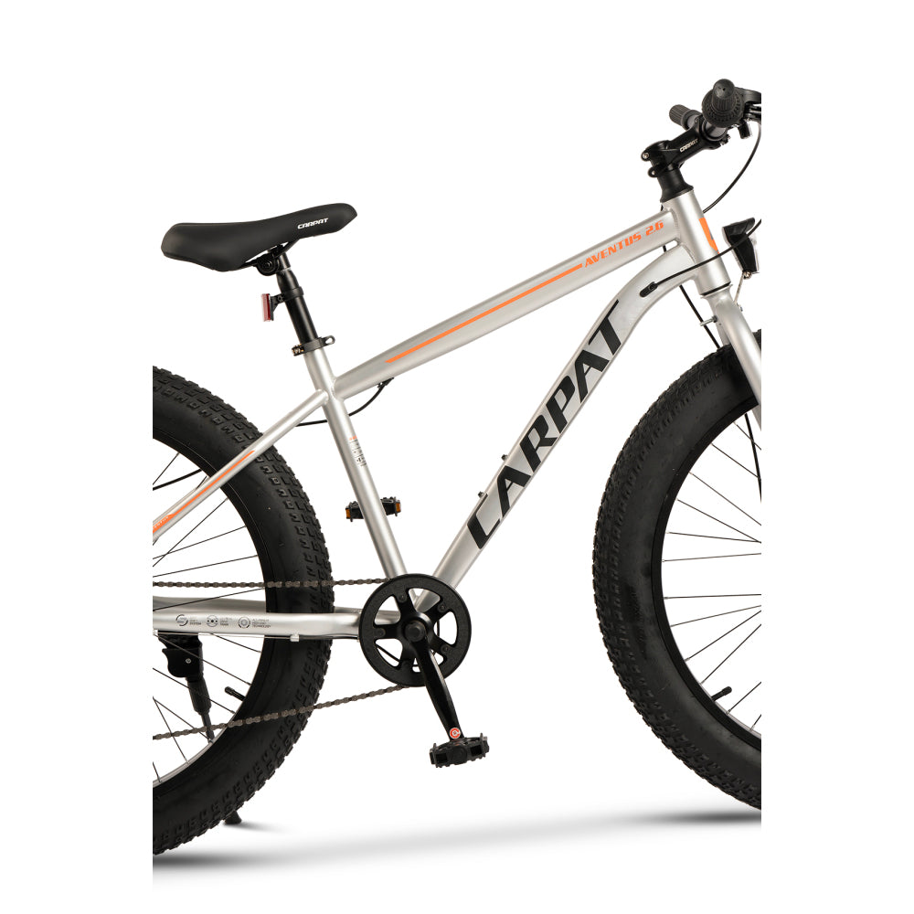 Silberner Stahlrahmen mit sportlichem Design und orangen Dekorelementen.