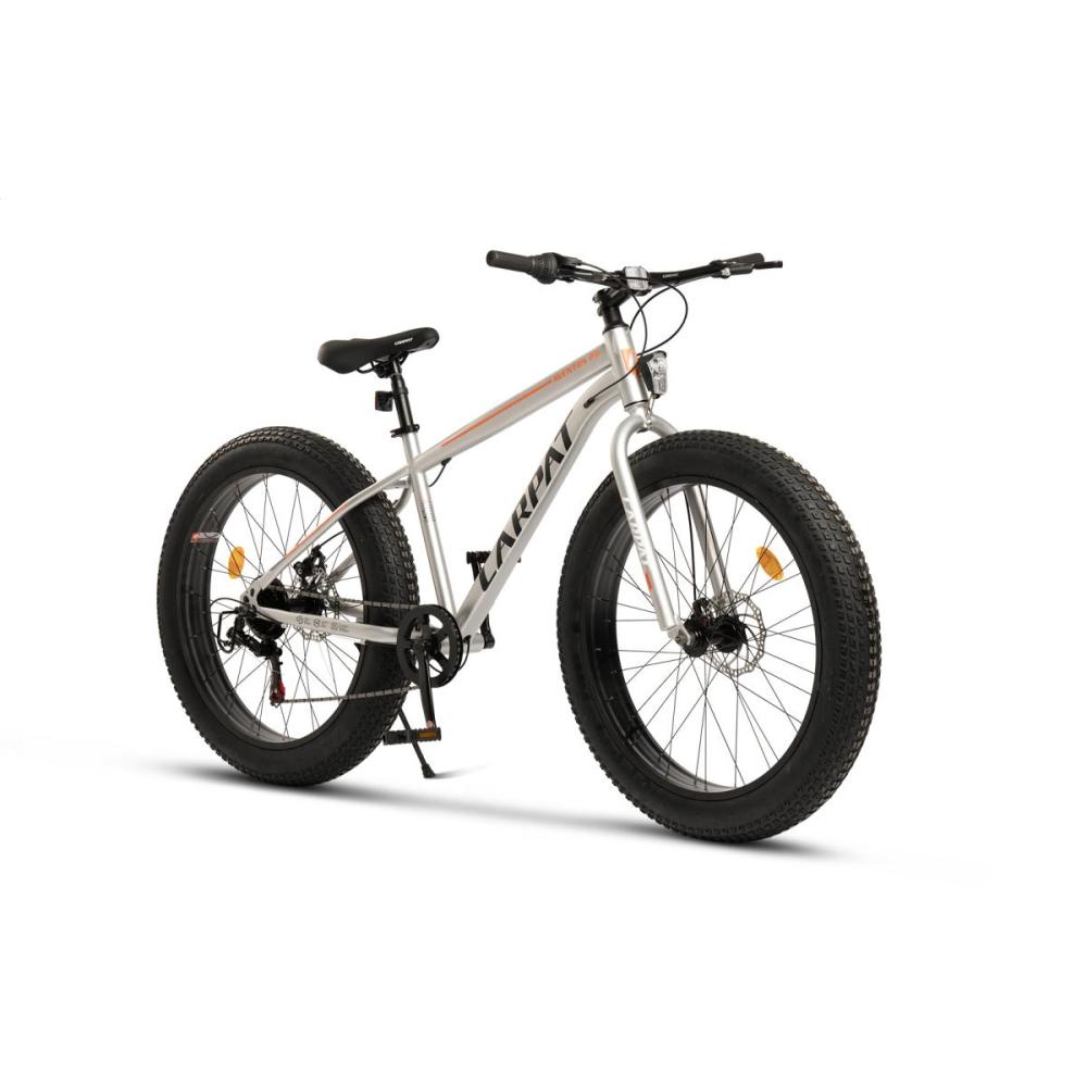 Silbernes Fatbike (Mountainbike) mit extrabreiten Reifen und mechanischen Scheibenbremsen – Seitenansicht.