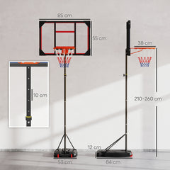 Skizze der Abmessungen: Backboard 82x53 cm, Korbhöhe verstellbar 210-260 cm, Basis 81,5x58 cm.