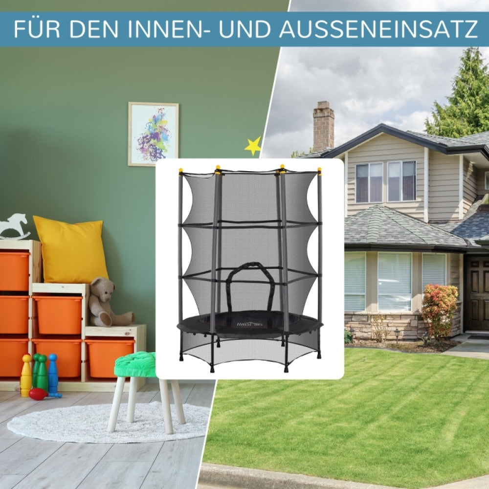Split-Screen zeigt das Trampolin einmal im Wohnzimmer und einmal draußen im Garten auf dem Rasen.