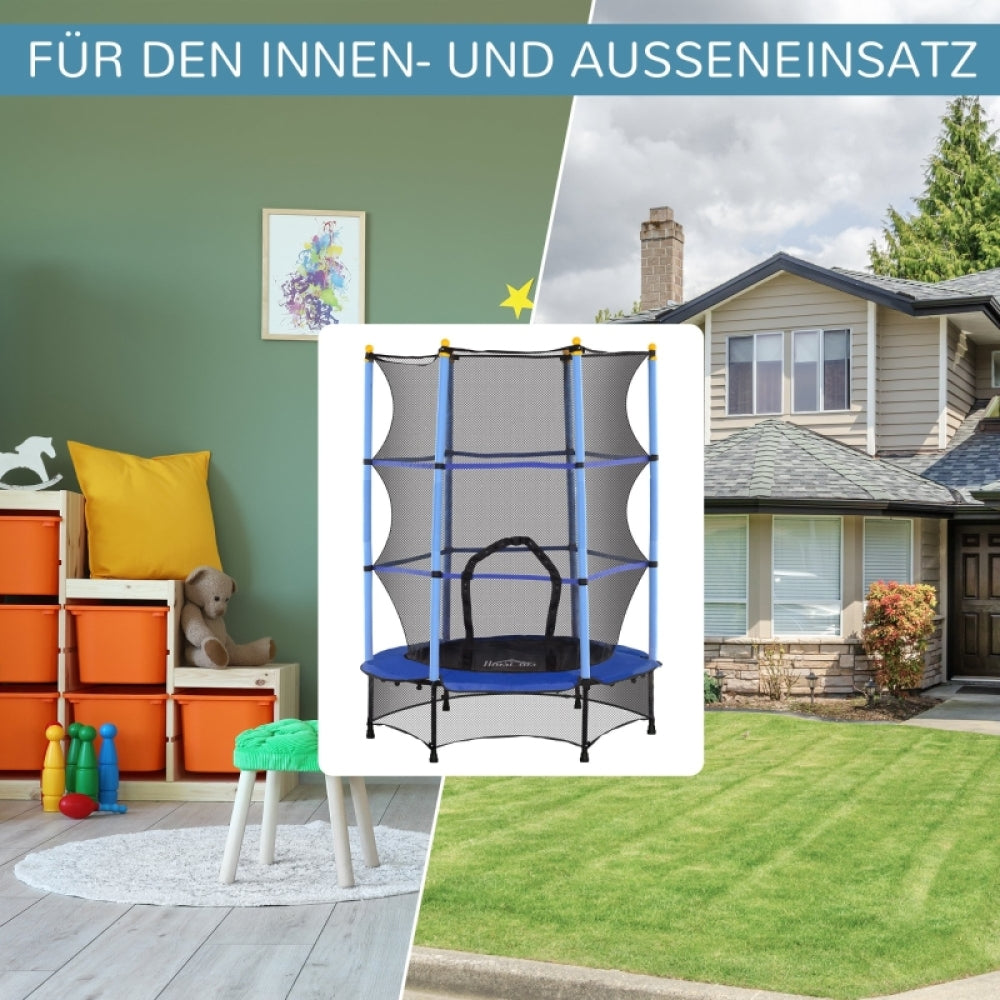 Split-Screen zeigt das Trampolin flexibel einsetzbar im Wohnzimmer und im Garten.
